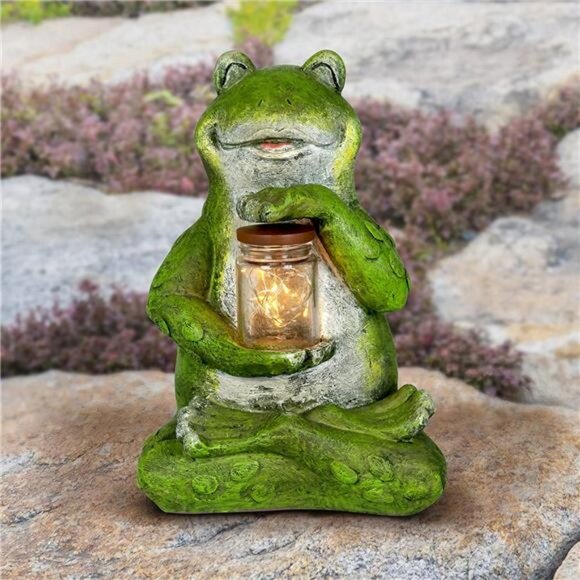 Solar Frog Statue with LED Firefly Lights Glass Jar -  7"L x 6"W x 11"H - Picture 2 of 6